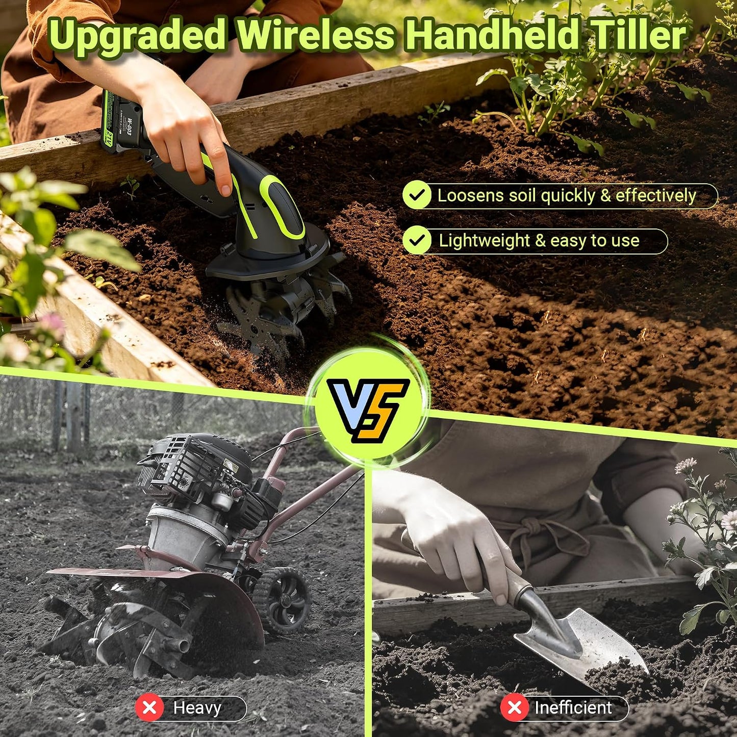 21V Cordless Tiller Cultivator for Gardening, Electric Garden Tiller Hand Tiller with 5.0Ah*2 Battery, Ergonomic Lightweight Handheld for Lawn Soil