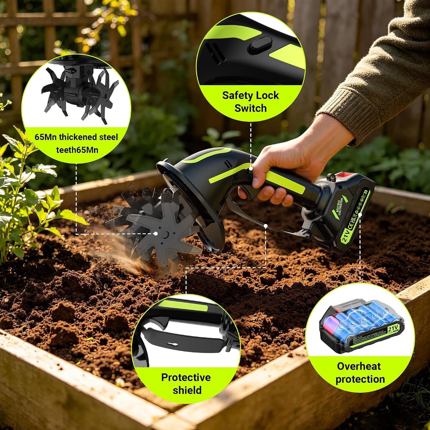 21V Cordless Tiller Cultivator for Gardening, Electric Garden Tiller Hand Tiller with 5.0Ah*2 Battery, Ergonomic Lightweight Handheld for Lawn Soil