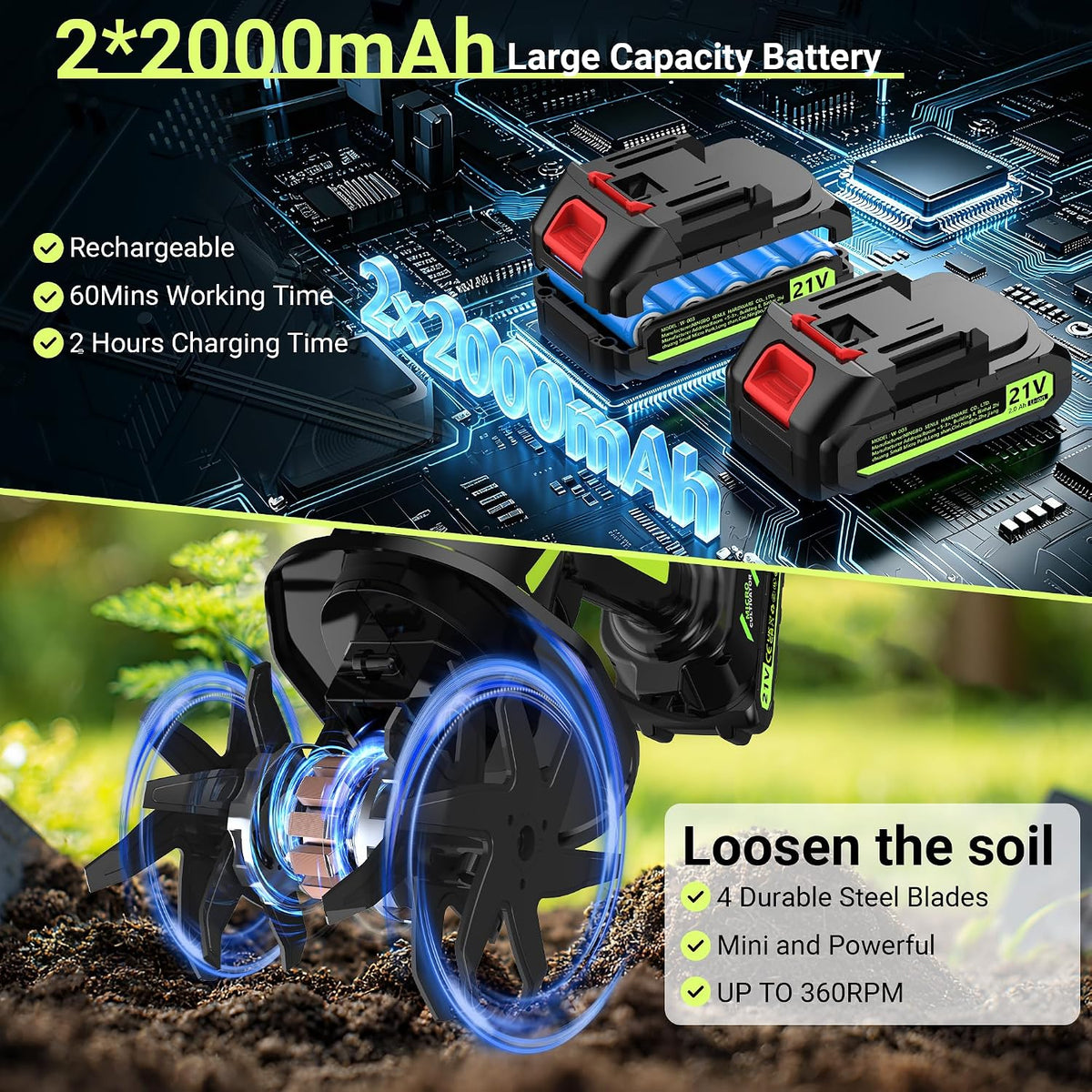 21V Cordless Tiller Cultivator for Gardening, Electric Garden Tiller Hand Tiller with 5.0Ah*2 Battery, Ergonomic Lightweight Handheld for Lawn Soil
