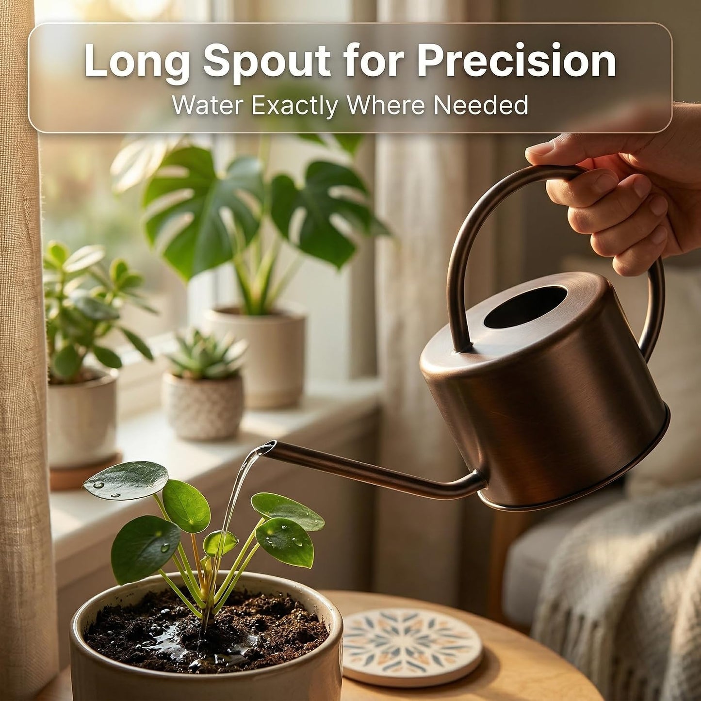 DUSVALLY 32oz Metal Watering Can for Indoor Plants, Long Spout Watering Can