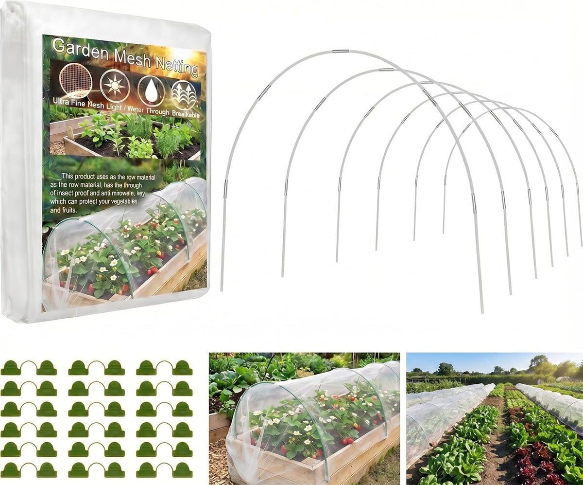 Garden Netting Kit for Raised Beds, 10x30FT Ultra Fine Mesh Netting & 5 Sets Garden Hoops with 18 Clips, Greenhouse Row Cover Net for Vegetable Fruits Flowers Barrier