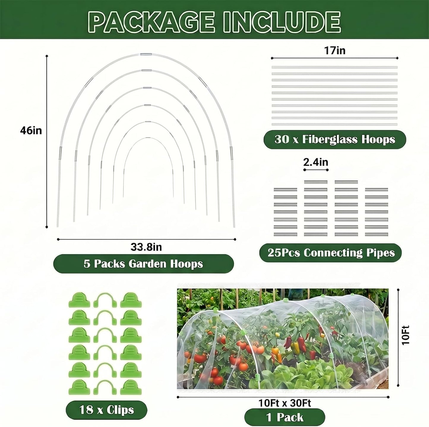 Garden Netting Kit for Raised Beds, 10x30FT Ultra Fine Mesh Netting & 5 Sets Garden Hoops with 18 Clips, Greenhouse Row Cover Net for Vegetable Fruits Flowers Barrier