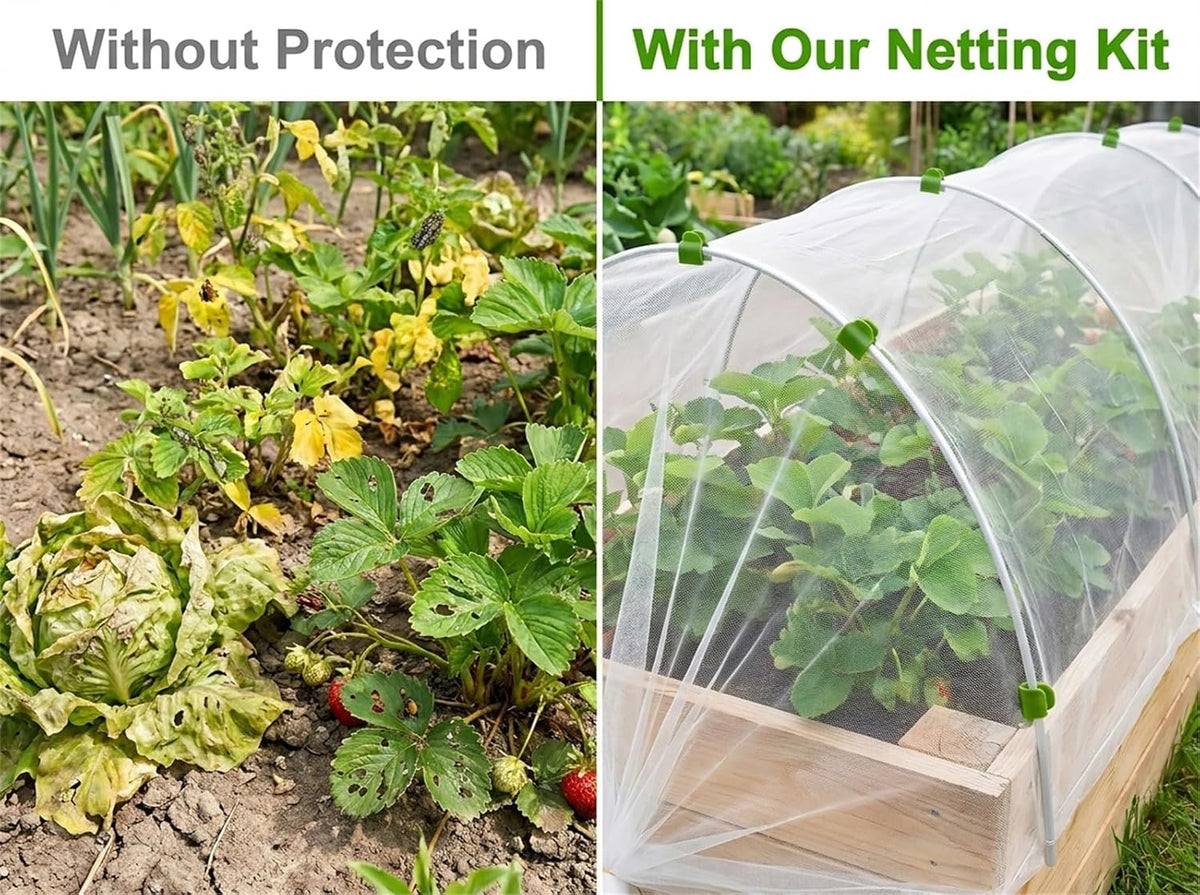 Garden Netting Kit for Raised Beds, 10x30FT Ultra Fine Mesh Netting & 5 Sets Garden Hoops with 18 Clips, Greenhouse Row Cover Net for Vegetable Fruits Flowers Barrier