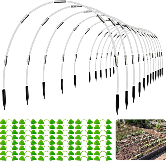 8FT Rust-Free Fiberglass Garden Hoops -72 PCS DIY Grow Tunnel Kit for Raised Beds, Row Cover Support with Connectors/Clips, Sun Shade &Year-Round Plant Protection, White