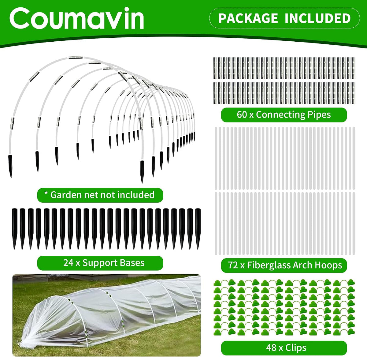 8FT Rust-Free Fiberglass Garden Hoops -72 PCS DIY Grow Tunnel Kit for Raised Beds, Row Cover Support with Connectors/Clips, Sun Shade &Year-Round Plant Protection, White