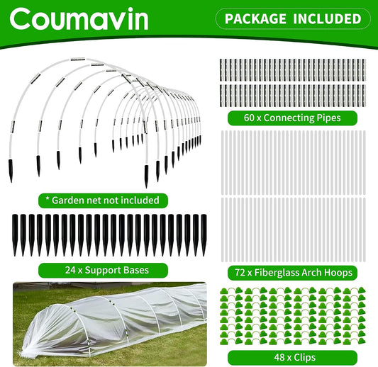 8FT Rust-Free Fiberglass Garden Hoops -72 PCS DIY Grow Tunnel Kit for Raised Beds, Row Cover Support with Connectors/Clips, Sun Shade &Year-Round Plant Protection, White