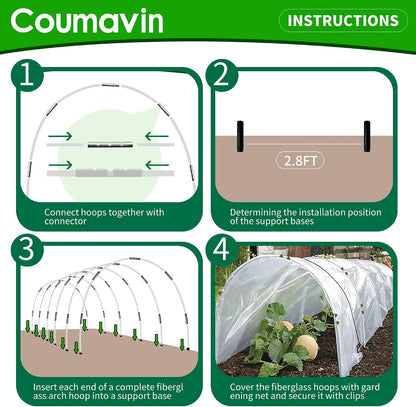 8FT Rust-Free Fiberglass Garden Hoops -72 PCS DIY Grow Tunnel Kit for Raised Beds, Row Cover Support with Connectors/Clips, Sun Shade &Year-Round Plant Protection, White