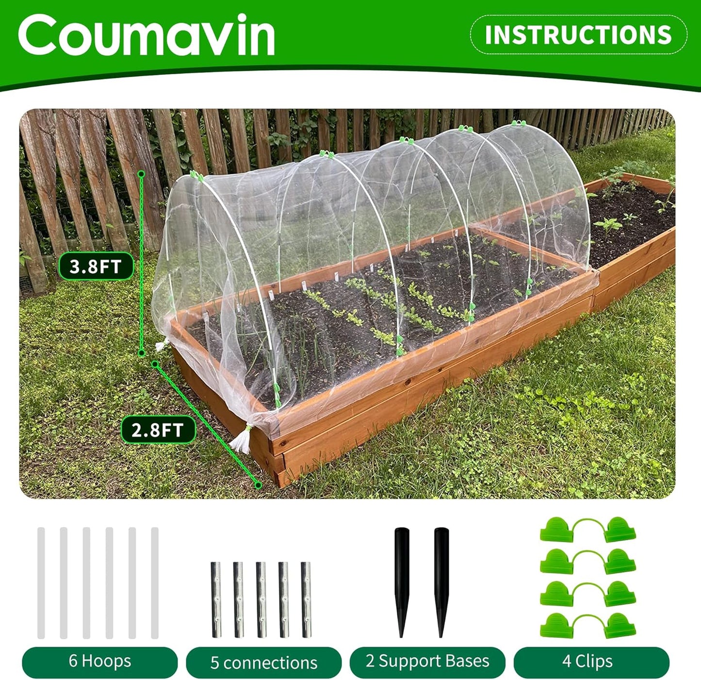 8FT Rust-Free Fiberglass Garden Hoops -72 PCS DIY Grow Tunnel Kit for Raised Beds, Row Cover Support with Connectors/Clips, Sun Shade &Year-Round Plant Protection, White