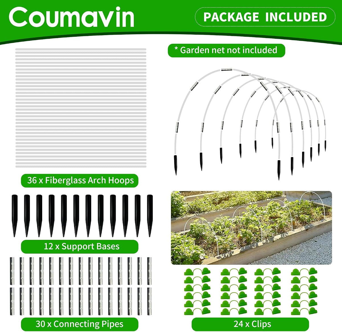 8FT Rust-Free Fiberglass Garden Hoops -72 PCS DIY Grow Tunnel Kit for Raised Beds, Row Cover Support with Connectors/Clips, Sun Shade &Year-Round Plant Protection, White