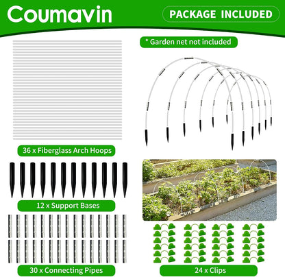 8FT Rust-Free Fiberglass Garden Hoops -72 PCS DIY Grow Tunnel Kit for Raised Beds, Row Cover Support with Connectors/Clips, Sun Shade &Year-Round Plant Protection, White