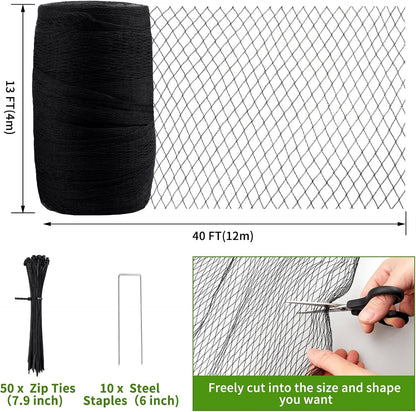 Bird Netting for Garden Protection - 13 x 40 FT Heavy Duty Poultry Bird Netting for Chicken Coop with Ties & Staples, Garden Net Mesh for Fruit Trees Plants Vegetables Against Birds Deer