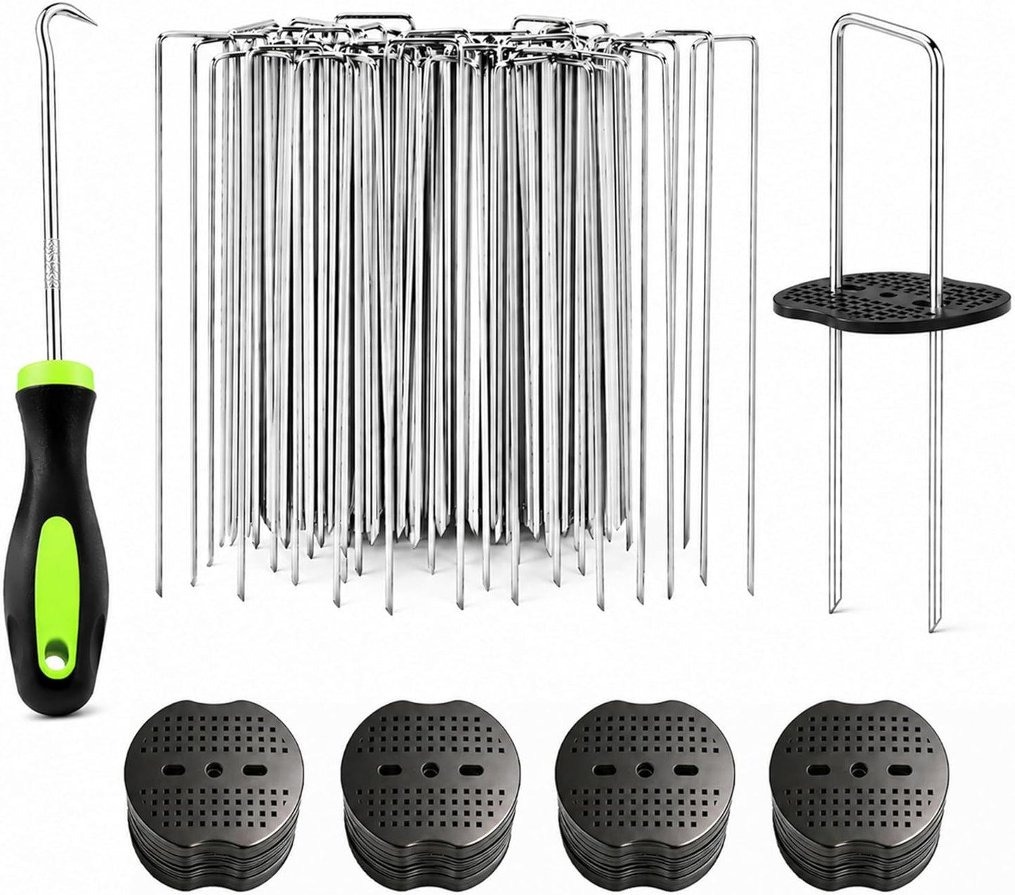 Garden Stakes,6 Inch 11 Gauge 100pcs Galvanized Landscape Staples + 100pcs Gaskets + 1Pick Hook, U-Shaped Heavy Duty Ground Stakes for Weed Barrier Fabric, Turf, Sod, Ground Cover