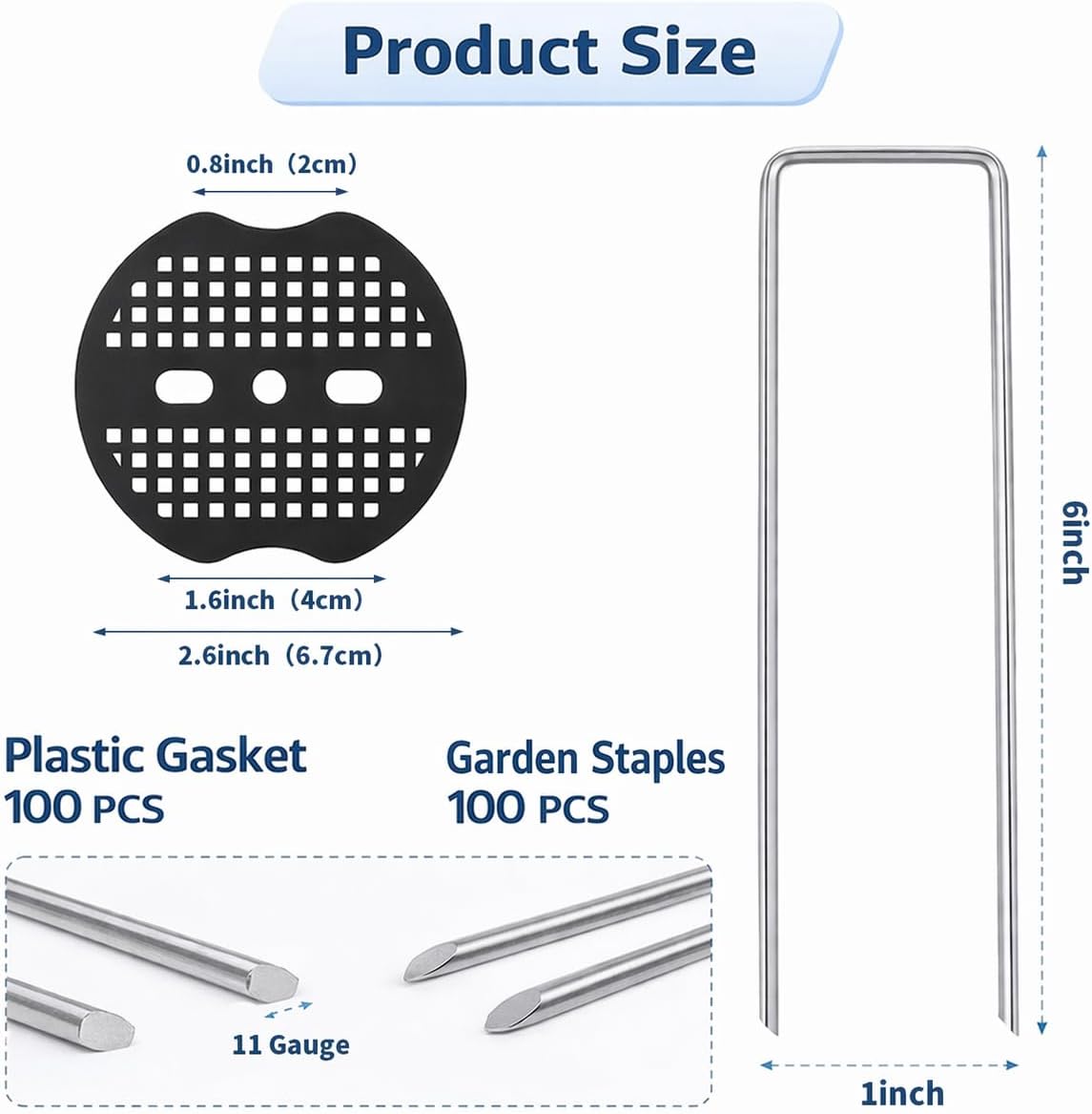 Garden Stakes,6 Inch 11 Gauge 100pcs Galvanized Landscape Staples + 100pcs Gaskets + 1Pick Hook, U-Shaped Heavy Duty Ground Stakes for Weed Barrier Fabric, Turf, Sod, Ground Cover