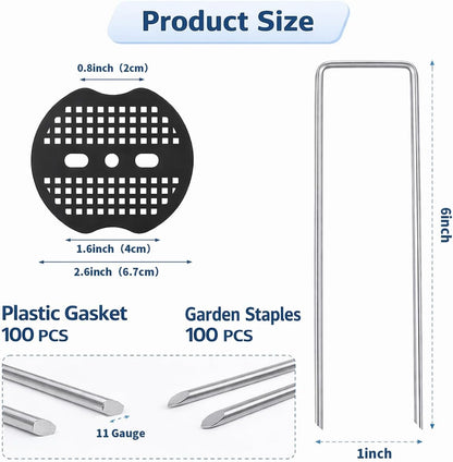 Garden Stakes,6 Inch 11 Gauge 100pcs Galvanized Landscape Staples + 100pcs Gaskets + 1Pick Hook, U-Shaped Heavy Duty Ground Stakes for Weed Barrier Fabric, Turf, Sod, Ground Cover