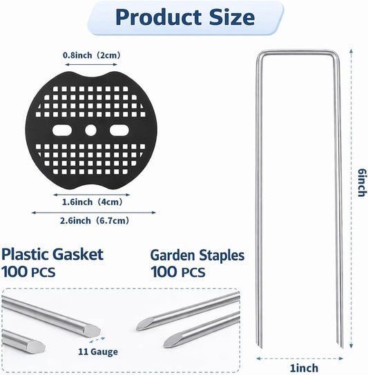 Garden Stakes,6 Inch 11 Gauge 100pcs Galvanized Landscape Staples + 100pcs Gaskets + 1Pick Hook, U-Shaped Heavy Duty Ground Stakes for Weed Barrier Fabric, Turf, Sod, Ground Cover