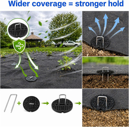 Garden Stakes,6 Inch 11 Gauge 100pcs Galvanized Landscape Staples + 100pcs Gaskets + 1Pick Hook, U-Shaped Heavy Duty Ground Stakes for Weed Barrier Fabric, Turf, Sod, Ground Cover