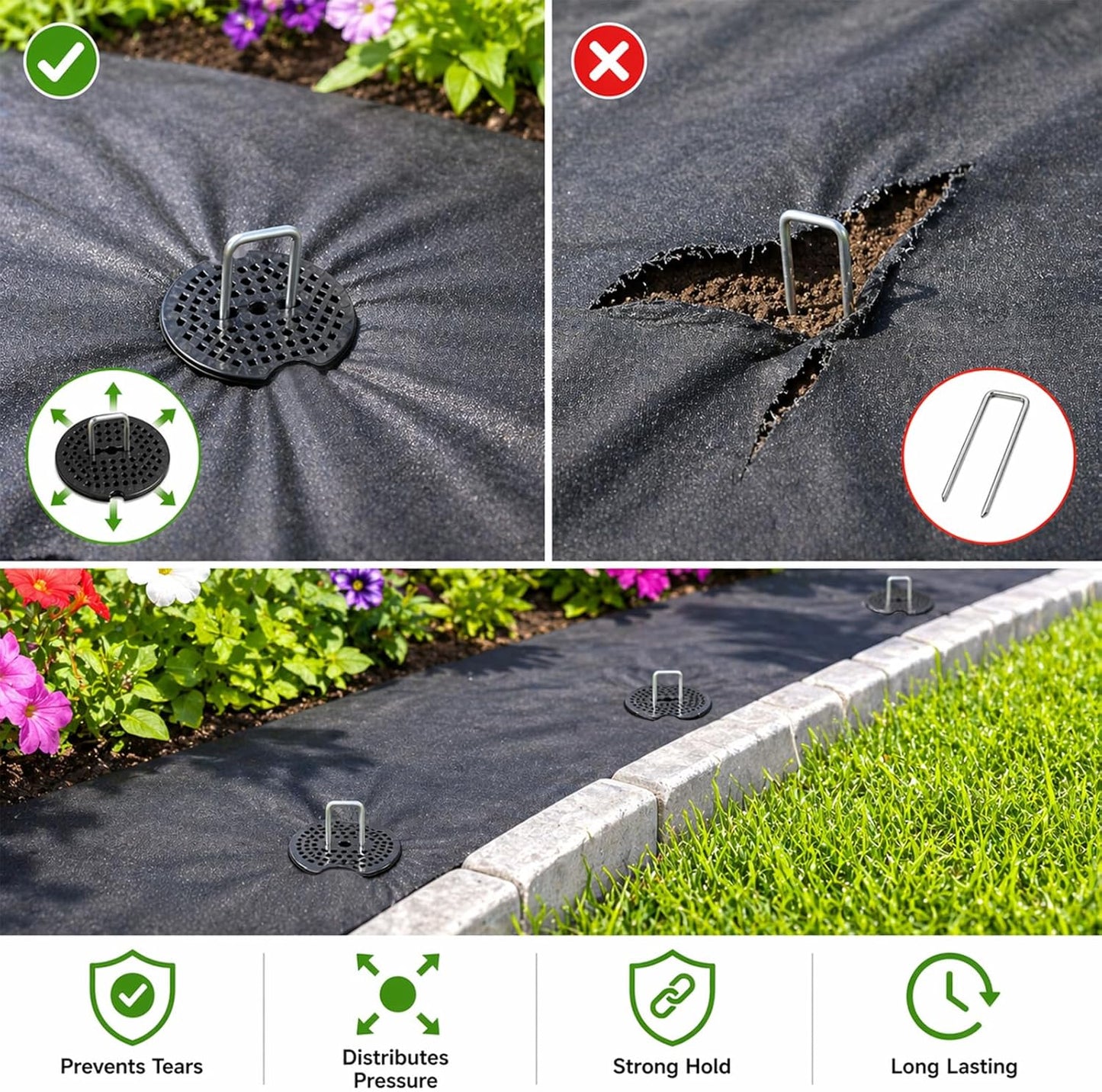 Garden Stakes,6 Inch 11 Gauge 100pcs Galvanized Landscape Staples + 100pcs Gaskets + 1Pick Hook, U-Shaped Heavy Duty Ground Stakes for Weed Barrier Fabric, Turf, Sod, Ground Cover