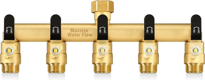 5 Way Hose Splitter, Heavy Duty Full Flow Garden Water Hose Bib Spigot Splitter, Brass Rust and Freeze Resistant Outdoor Faucet Splitter, T Adapter Connector with 3/4 - Inch GHT Thread （Black）