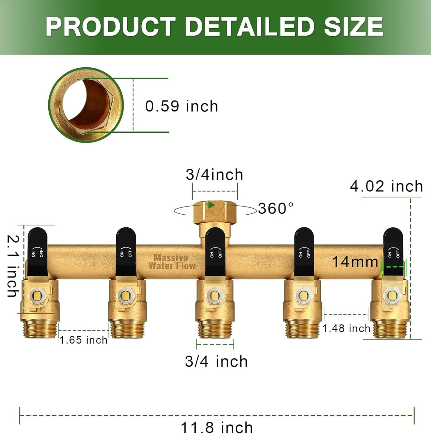 5 Way Hose Splitter, Heavy Duty Full Flow Garden Water Hose Bib Spigot Splitter, Brass Rust and Freeze Resistant Outdoor Faucet Splitter, T Adapter Connector with 3/4 - Inch GHT Thread （Black）