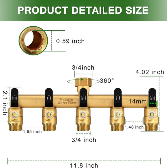 5 Way Hose Splitter, Heavy Duty Full Flow Garden Water Hose Bib Spigot Splitter, Brass Rust and Freeze Resistant Outdoor Faucet Splitter, T Adapter Connector with 3/4 - Inch GHT Thread （Black）