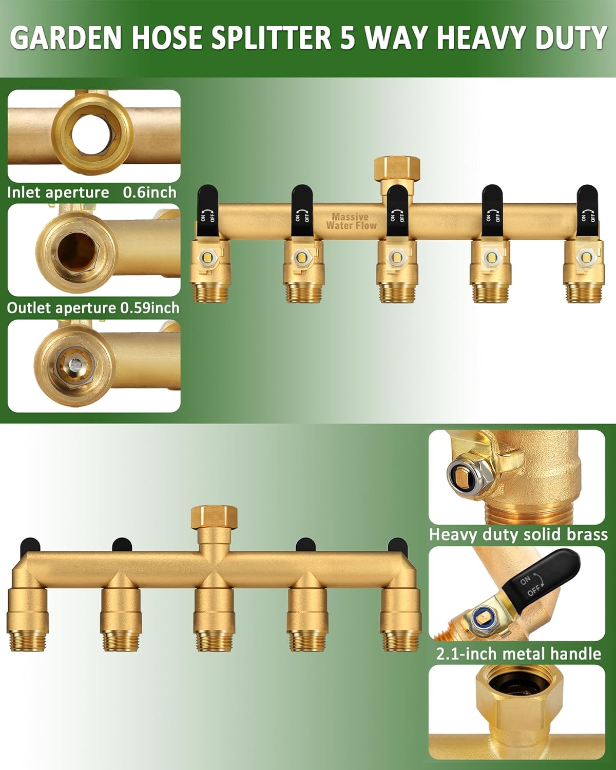 5 Way Hose Splitter, Heavy Duty Full Flow Garden Water Hose Bib Spigot Splitter, Brass Rust and Freeze Resistant Outdoor Faucet Splitter, T Adapter Connector with 3/4 - Inch GHT Thread （Black）