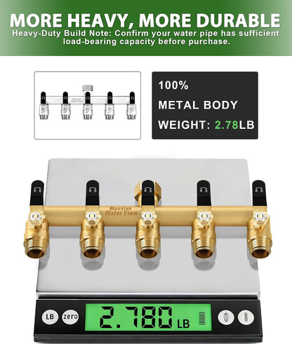5 Way Hose Splitter, Heavy Duty Full Flow Garden Water Hose Bib Spigot Splitter, Brass Rust and Freeze Resistant Outdoor Faucet Splitter, T Adapter Connector with 3/4 - Inch GHT Thread （Black）