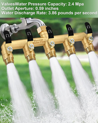 5 Way Hose Splitter, Heavy Duty Full Flow Garden Water Hose Bib Spigot Splitter, Brass Rust and Freeze Resistant Outdoor Faucet Splitter, T Adapter Connector with 3/4 - Inch GHT Thread （Black）
