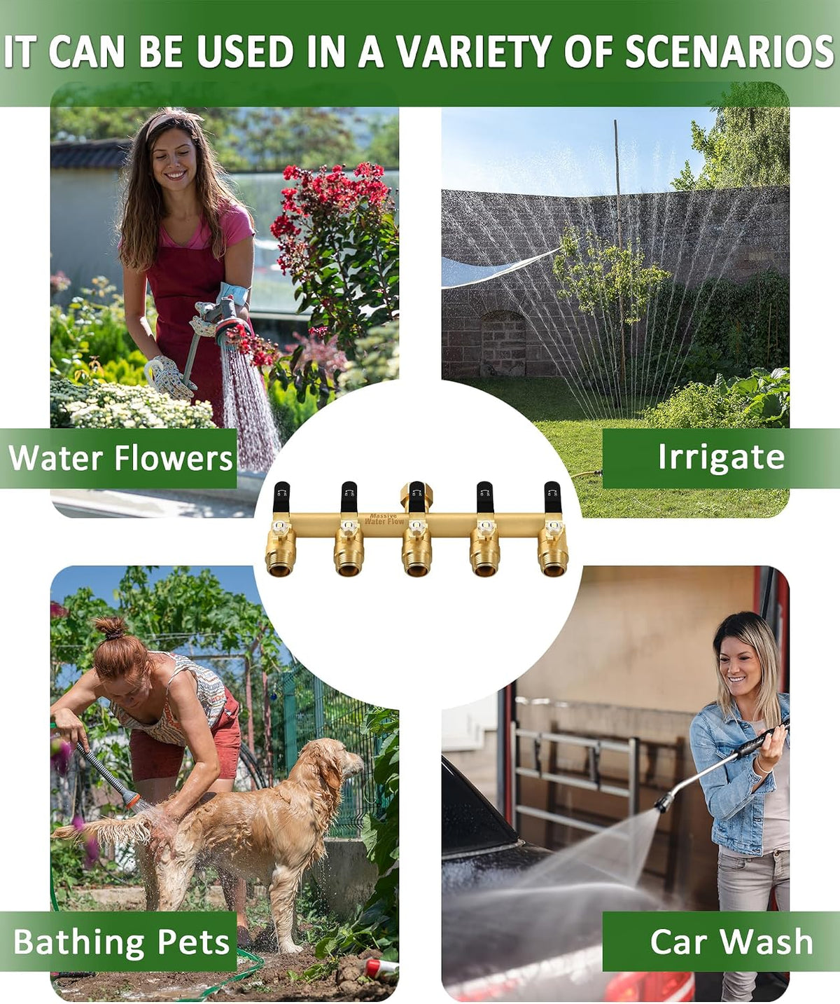 5 Way Hose Splitter, Heavy Duty Full Flow Garden Water Hose Bib Spigot Splitter, Brass Rust and Freeze Resistant Outdoor Faucet Splitter, T Adapter Connector with 3/4 - Inch GHT Thread （Black）