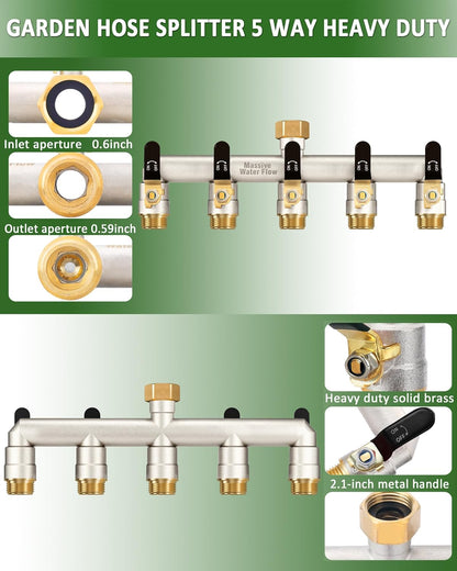 5 Way Hose Splitter, Heavy Duty Full Flow Garden Water Hose Bib Spigot Splitter, Brass Rust and Freeze Resistant Outdoor Faucet Splitter, T Adapter Connector with 3/4 - Inch GHT Thread （Black）