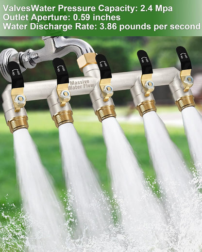 5 Way Hose Splitter, Heavy Duty Full Flow Garden Water Hose Bib Spigot Splitter, Brass Rust and Freeze Resistant Outdoor Faucet Splitter, T Adapter Connector with 3/4 - Inch GHT Thread （Black）