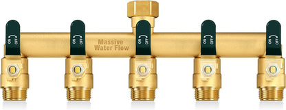 5 Way Hose Splitter, Heavy Duty Full Flow Garden Water Hose Bib Spigot Splitter, Brass Rust and Freeze Resistant Outdoor Faucet Splitter, T Adapter Connector with 3/4 - Inch GHT Thread （Black）