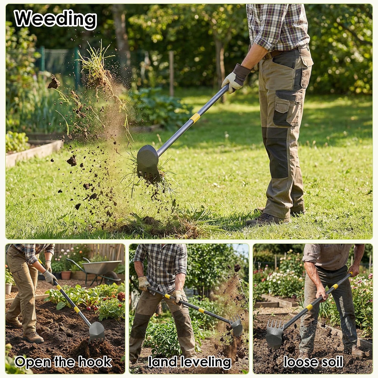 Garden Hoe, 2-in-1 Weed Puller Tool with Adjustable Length 31In-46In, Carbon Steel Heavy Duty Weeding Tool for Gardening, Cultivating, and Weed Pulling, Sharp Blade