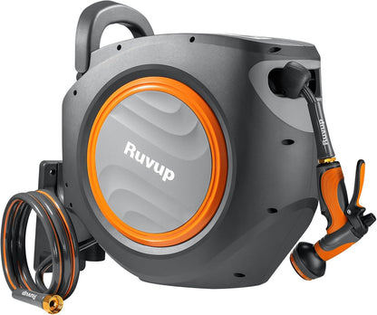 Retractable Garden Hose Reel, 1/2” x 110ft+6.5ft Automatic Water Hoses Reels for Outside with 10 Pattern Nozzle, UV Resistant Wall Mount Slow Retraction Any Length Lock 180° Swivel Bracket