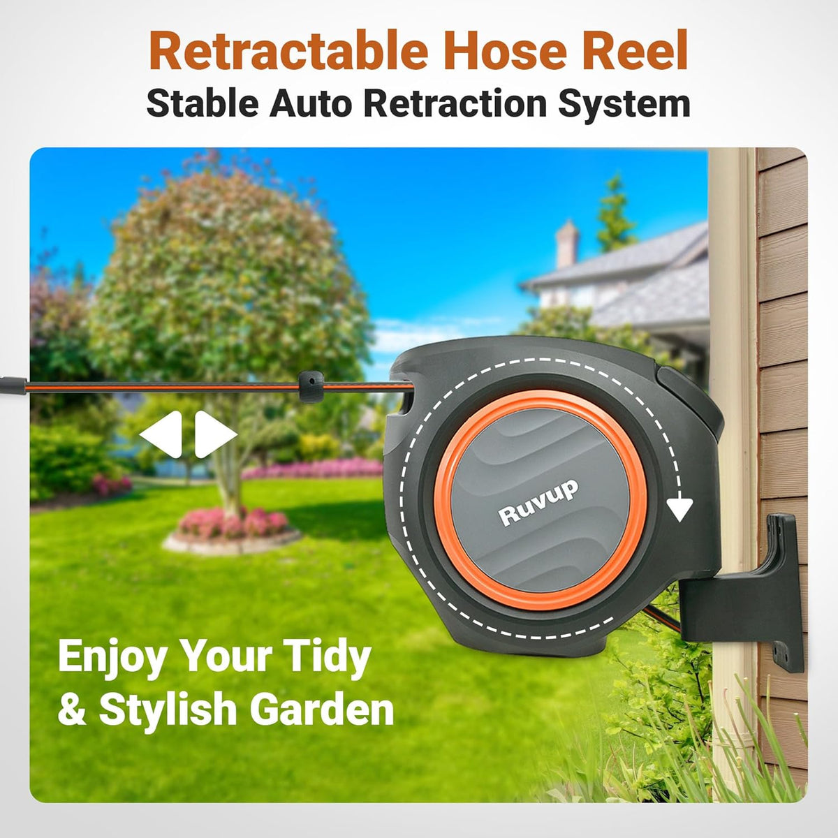 Retractable Garden Hose Reel, 1/2” x 110ft+6.5ft Automatic Water Hoses Reels for Outside with 10 Pattern Nozzle, UV Resistant Wall Mount Slow Retraction Any Length Lock 180° Swivel Bracket
