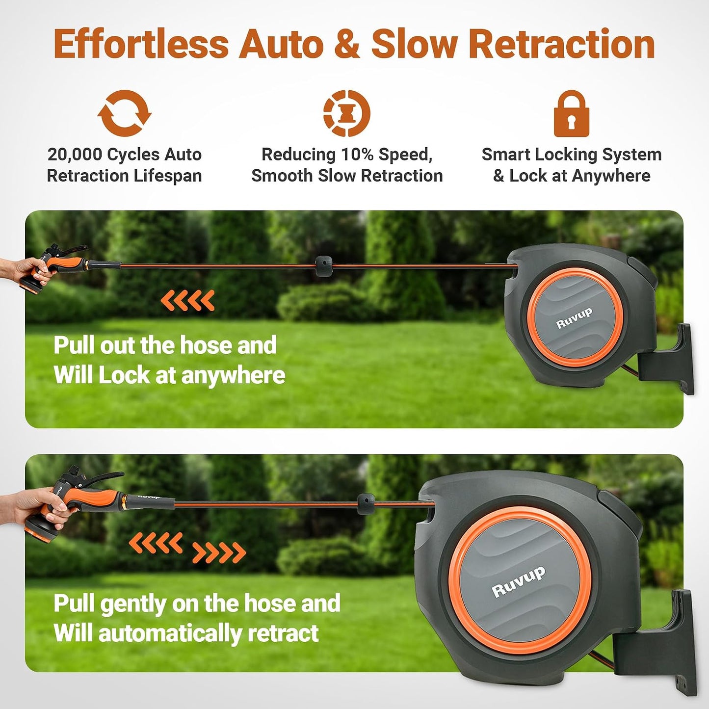 Retractable Garden Hose Reel, 1/2” x 110ft+6.5ft Automatic Water Hoses Reels for Outside with 10 Pattern Nozzle, UV Resistant Wall Mount Slow Retraction Any Length Lock 180° Swivel Bracket