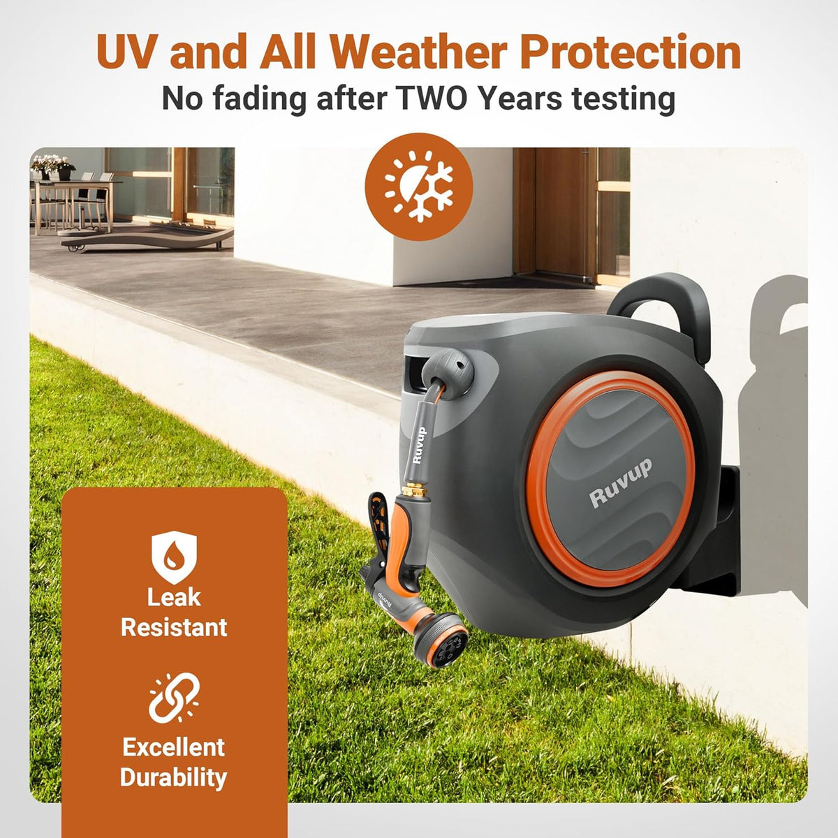 Retractable Garden Hose Reel, 1/2” x 110ft+6.5ft Automatic Water Hoses Reels for Outside with 10 Pattern Nozzle, UV Resistant Wall Mount Slow Retraction Any Length Lock 180° Swivel Bracket