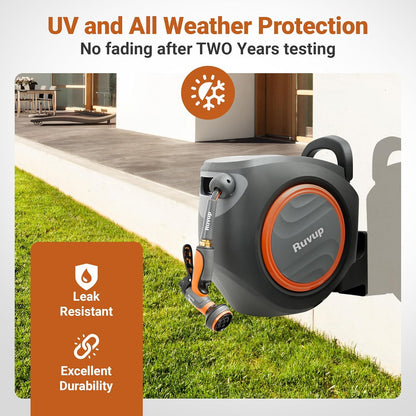Retractable Garden Hose Reel, 1/2” x 110ft+6.5ft Automatic Water Hoses Reels for Outside with 10 Pattern Nozzle, UV Resistant Wall Mount Slow Retraction Any Length Lock 180° Swivel Bracket