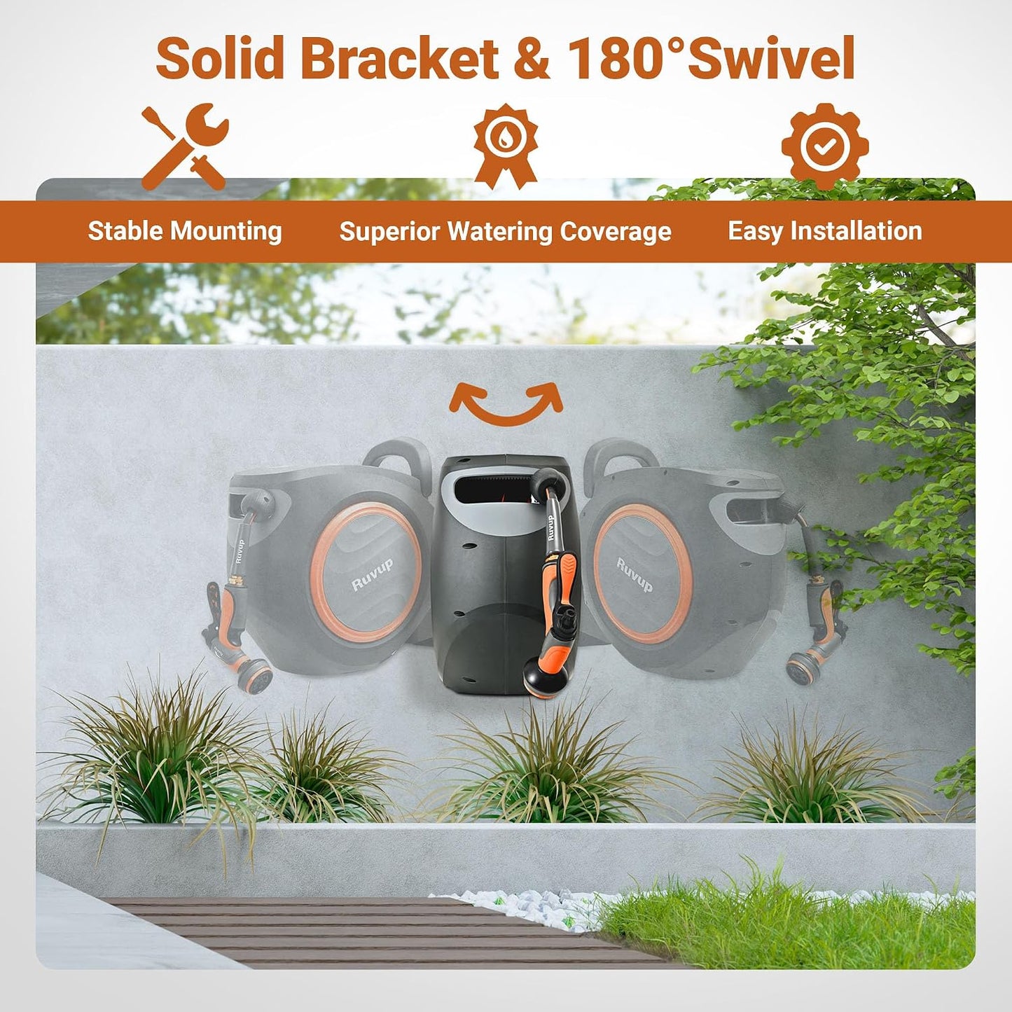 Retractable Garden Hose Reel, 1/2” x 110ft+6.5ft Automatic Water Hoses Reels for Outside with 10 Pattern Nozzle, UV Resistant Wall Mount Slow Retraction Any Length Lock 180° Swivel Bracket