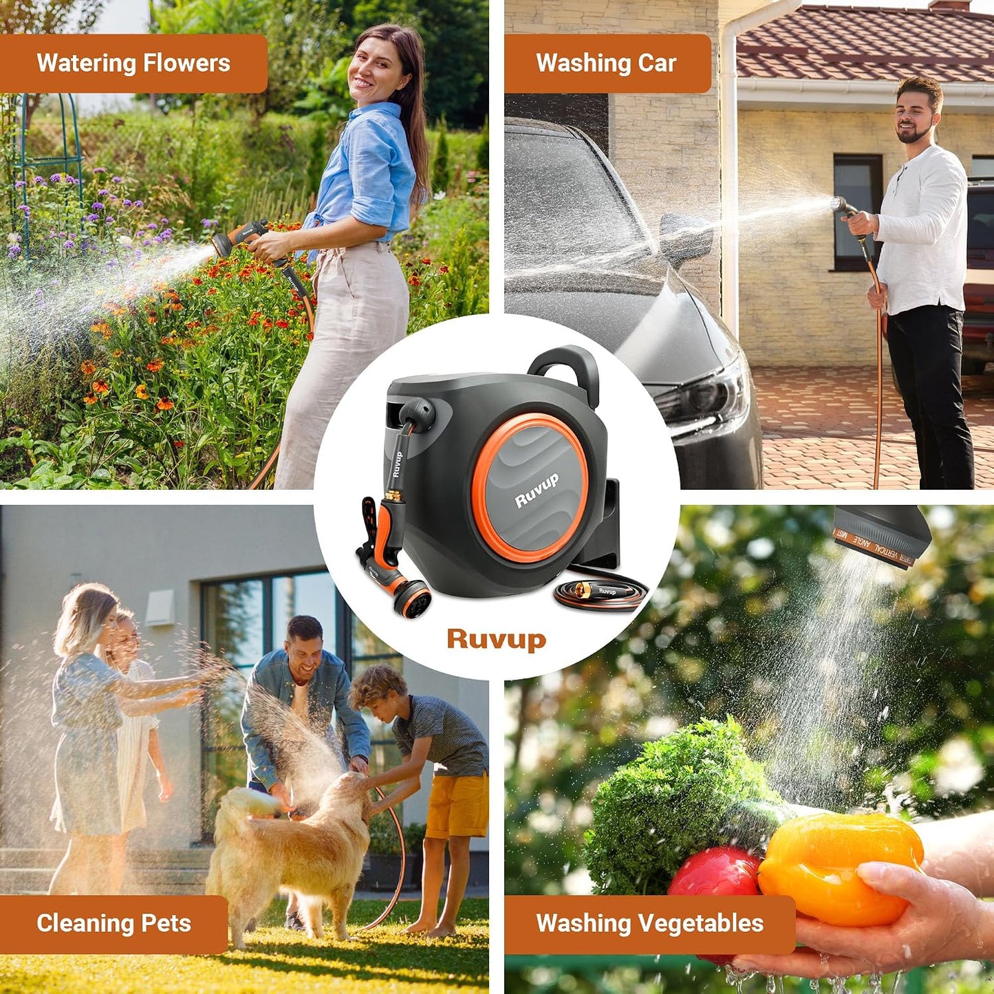 Retractable Garden Hose Reel, 1/2” x 110ft+6.5ft Automatic Water Hoses Reels for Outside with 10 Pattern Nozzle, UV Resistant Wall Mount Slow Retraction Any Length Lock 180° Swivel Bracket