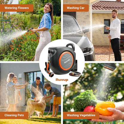 Retractable Garden Hose Reel, 1/2” x 110ft+6.5ft Automatic Water Hoses Reels for Outside with 10 Pattern Nozzle, UV Resistant Wall Mount Slow Retraction Any Length Lock 180° Swivel Bracket