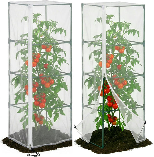 2 Pcs Garden Bird Netting for Square Plant Cage, 59" x 18" x 18" Tomato Cage Garden Net Cover with Zipper, Tomato Trellis Insect Bird Barrier Protection Mesh for Vertical Climbing Plants Vegetables