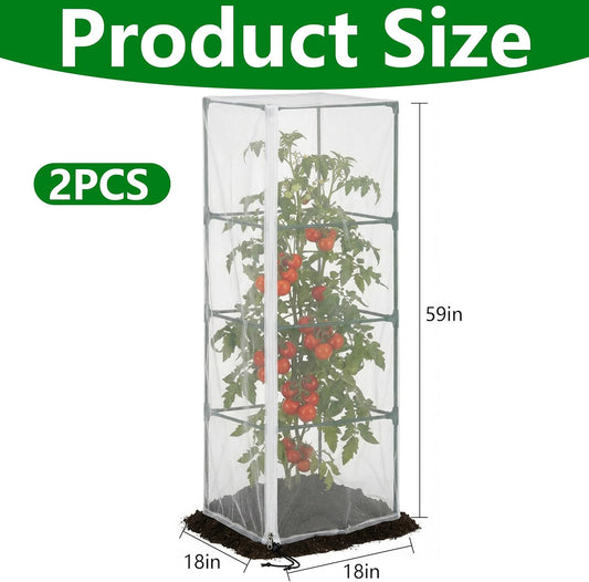2 Pcs Garden Bird Netting for Square Plant Cage, 59" x 18" x 18" Tomato Cage Garden Net Cover with Zipper, Tomato Trellis Insect Bird Barrier Protection Mesh for Vertical Climbing Plants Vegetables