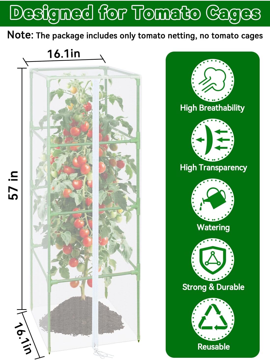 57x16.1 in Garden Tomato Plant Cover Netting for Square Tomato Cage