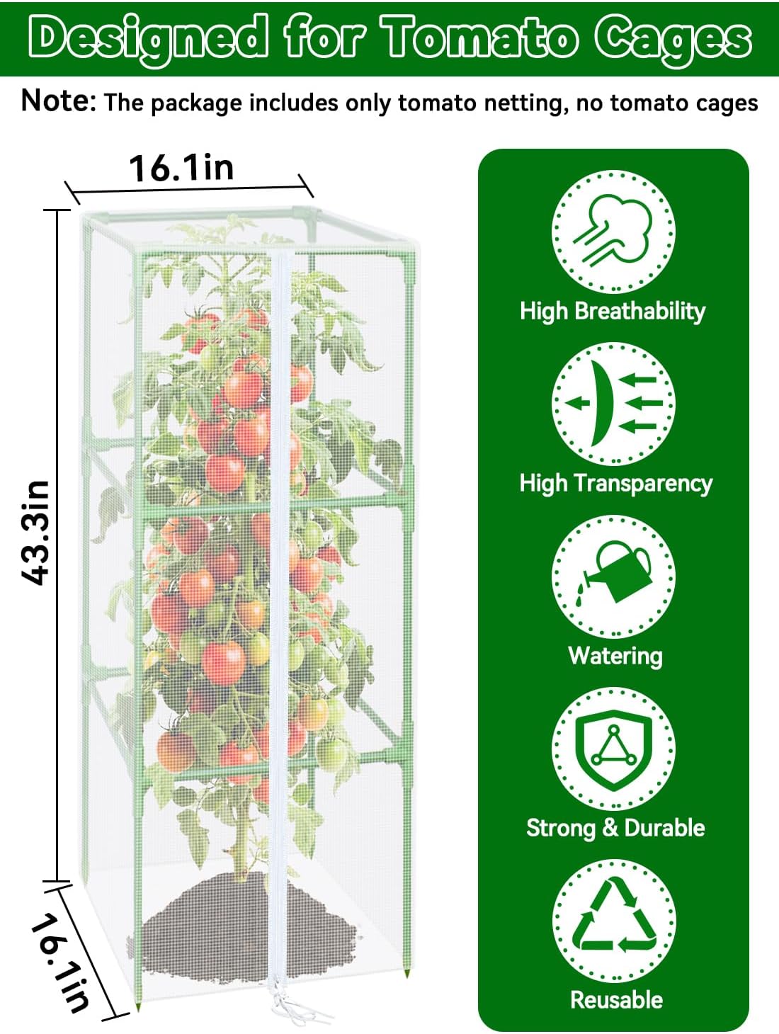 57x16.1 in Garden Tomato Plant Cover Netting for Square Tomato Cage