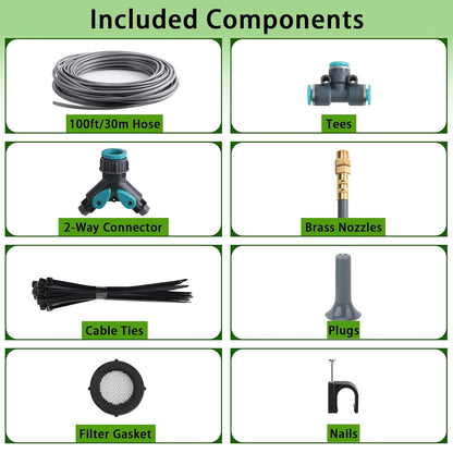 100FT 1/4" Quick-Connect Drip Irrigation System Kit, Automatic Garden Watering System with 16 Pcs Adjustable Spray Nozzles for Garden, Greenhouse, Yard, Lawn