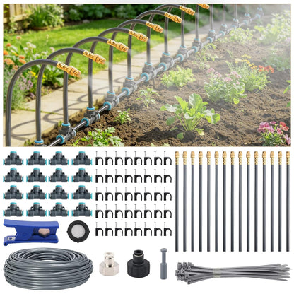 100FT 1/4" Quick-Connect Drip Irrigation System Kit, Automatic Garden Watering System with 16 Pcs Adjustable Spray Nozzles for Garden, Greenhouse, Yard, Lawn