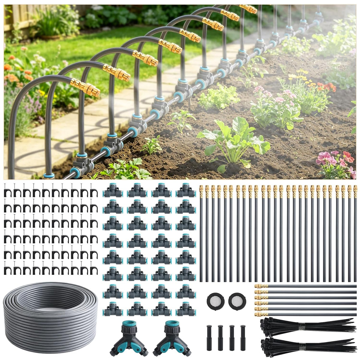 100FT 1/4" Quick-Connect Drip Irrigation System Kit, Automatic Garden Watering System with 16 Pcs Adjustable Spray Nozzles for Garden, Greenhouse, Yard, Lawn