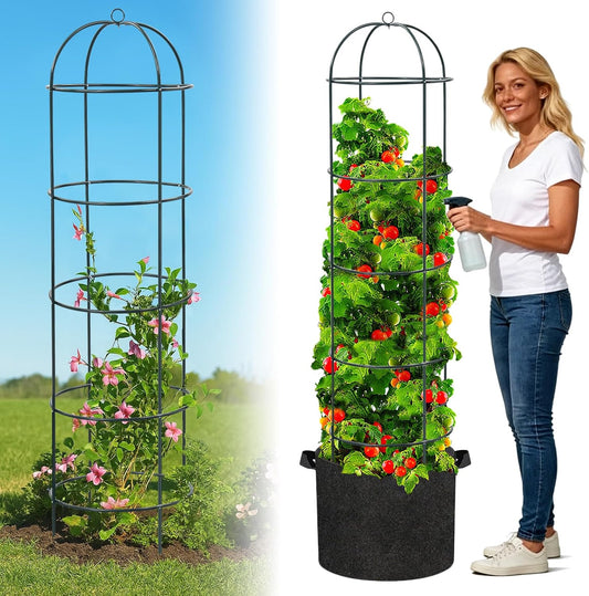 Large Trellis, Garden Obelisk Trellis for Climbing Plants Outdoor, 69" Metal Trellises for Tomato Cucumber Grape Clematis Rose Vine Support, Heavy Duty Fit 25-Gallon Container Raised Bed, Freestanding