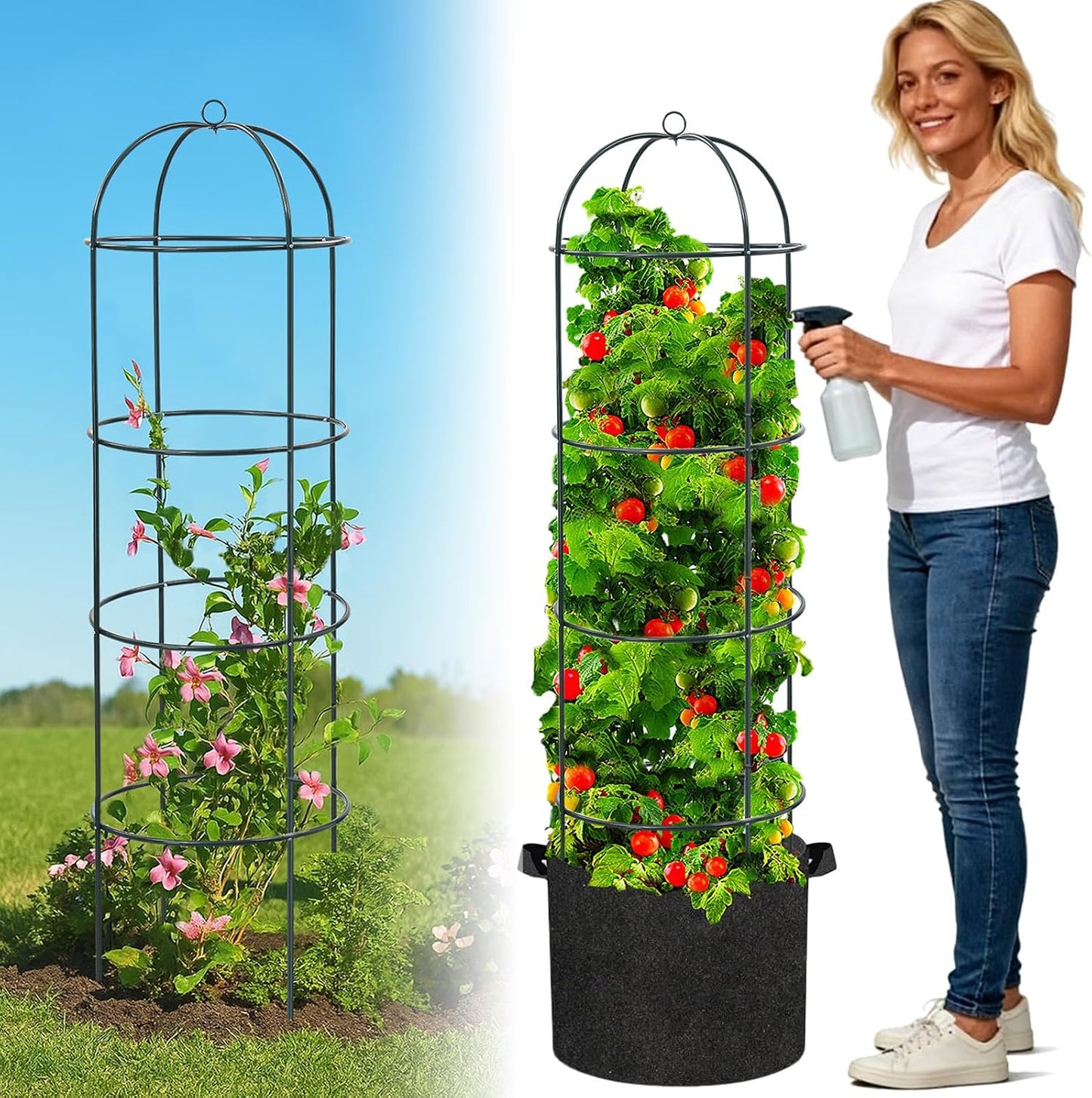 Large Trellis, Garden Obelisk Trellis for Climbing Plants Outdoor, 69" Metal Trellises for Tomato Cucumber Grape Clematis Rose Vine Support, Heavy Duty Fit 25-Gallon Container Raised Bed, Freestanding