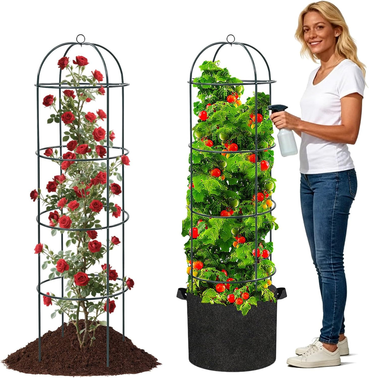 Large Trellis, Garden Obelisk Trellis for Climbing Plants Outdoor, 69" Metal Trellises for Tomato Cucumber Grape Clematis Rose Vine Support, Heavy Duty Fit 25-Gallon Container Raised Bed, Freestanding